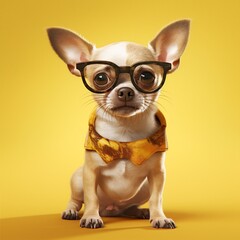 cute dog animal portrait chihuahua glasses yellow pet background puppy studio. Generative AI. Generative AI