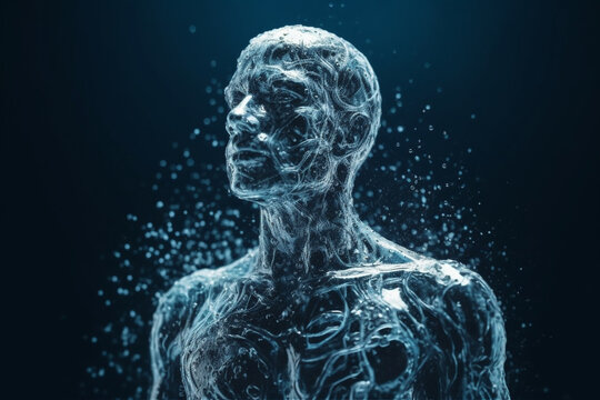 An enchanting and surreal image of a human body made of water, representing fluidity, purity, and life force. Ai generated.