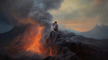 A portrait of a two lowers hugging on the top of an active  volcano, generative ai