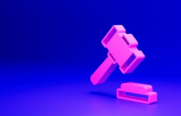 Pink Judge gavel icon isolated on blue background. Gavel for adjudication of sentences and bills, court, justice. Auction hammer. Minimalism concept. 3D render illustration