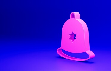 Pink British police helmet icon isolated on blue background. Minimalism concept. 3D render illustration