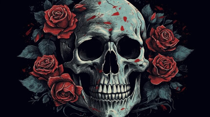 skull and crossbones, a skeleton with red roses and graphic art in retro, generative ai