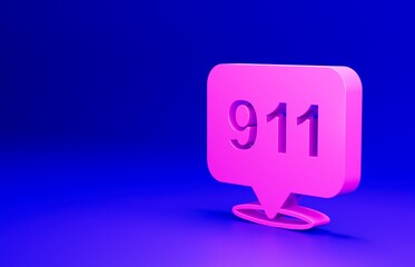 Pink Telephone with emergency call 911 icon isolated on blue background. Police, ambulance, fire department, call, phone. Minimalism concept. 3D render illustration