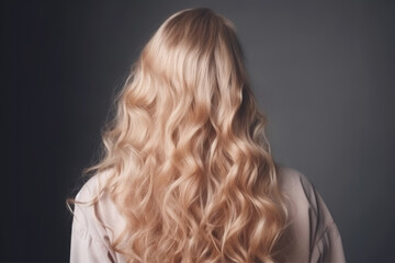 Naklejka premium Curly blond hair closeup, no face. Back view of beautiful blond woman with long wavy hair