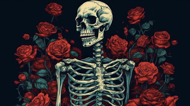 skull and crossbones, a skeleton with red roses and graphic art in retro, generative ai