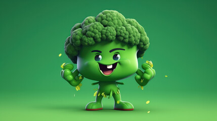 A small broccoli cartoon on a green blackground, generative ai