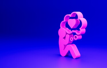 Pink Human head with heart icon isolated on blue background. Love concept with human head. Minimalism concept. 3D render illustration