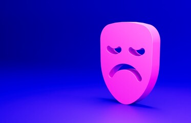 Pink Drama theatrical mask icon isolated on blue background. Minimalism concept. 3D render illustration