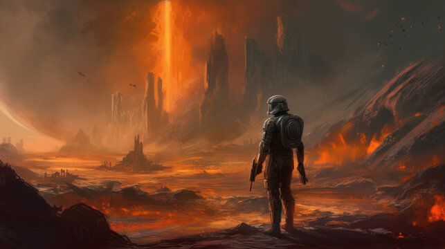 A stunning paint of the mandalorian walking in a fire valley