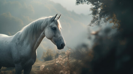 Obraz na płótnie Canvas A white horse through a fairyland valley, generative ai