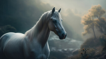 Obraz na płótnie Canvas A white horse through a fairyland valley, generative ai