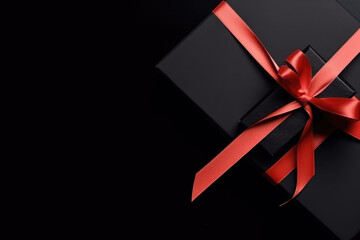 Dark gift box with satin ribbon and bow on black background. Holiday gift with copy space. Birthday or Christmas present, flat lay, top view. Christmas giftbox concept