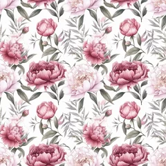 Foto auf Acrylglas Seamless pattern with many peonies on white background in watercolor style. Generative AI. © Hanna