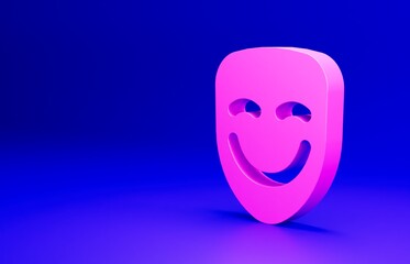 Pink Comedy theatrical mask icon isolated on blue background. Minimalism concept. 3D render illustration