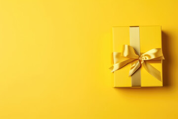 Gift box with golden satin ribbon and bow on yellow background. Holiday gift with copy space. Birthday or Christmas present, flat lay, top view. Christmas giftbox concept
