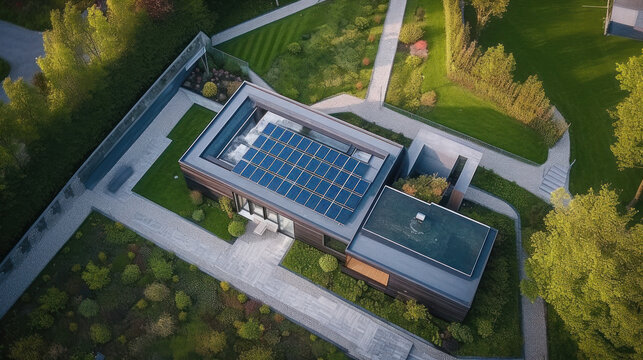 Aerial view  of a modern ecofriendly house, generative ai
