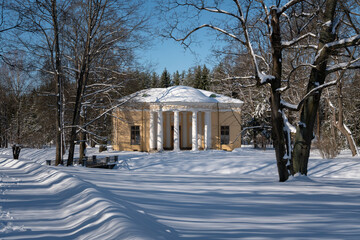 View of the Concert Hall pavilion in the Catherine Park of Tsarskoye Selo on a sunny winter day,...