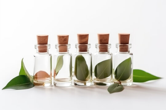 Cosmetic serum in a glass bottles with green leaves. Skin care serum or essential oils, spa and wellness concept. Natural herbal cosmetic, aromatherapy, aromatic oil
