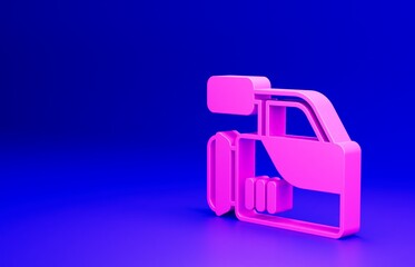 Pink Cinema camera icon isolated on blue background. Video camera. Movie sign. Film projector. Minimalism concept. 3D render illustration