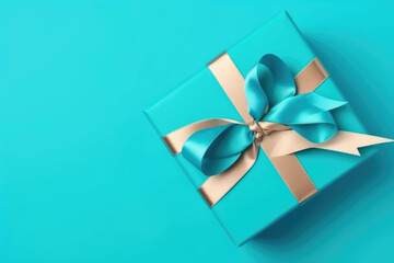 Gift box with satin ribbon and bow on blue background. Holiday gift with copy space. Birthday or Christmas present, flat lay, top view. Christmas giftbox concept