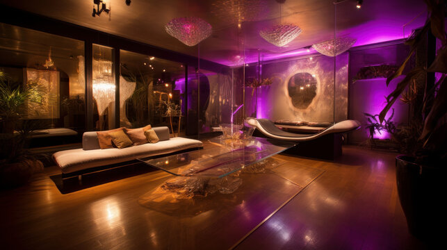 Amethyst and amarist manison, neon room in modern style, generative ai