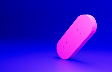 Pink Skateboard icon isolated on blue background. Extreme sport. Sport equipment. Minimalism concept. 3D render illustration