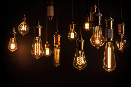 Decorative antique Edison style light bulbs, different shapes of retro lamps on dark background. Cafe or restaurant decoration details. Set of vintage glowing light bulbs, loft interior