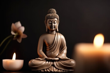 Fototapeta premium Buddha statue in meditation with lotus flower and burning candles. Meditation, spiritual health, peace, searching zen concept