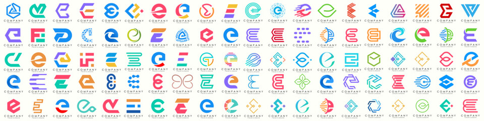 mega collection letters E logo design inspiration. minimalist abstract letter logos with colorful