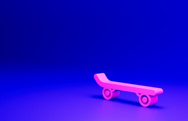 Pink Skateboard icon isolated on blue background. Extreme sport. Sport equipment. Minimalism concept. 3D render illustration