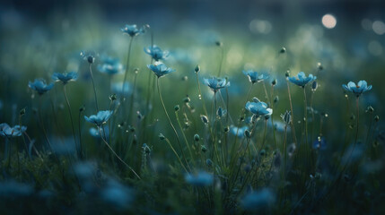 Fototapeta premium Beautiful blue flower in green field, generative ai