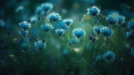 Beautiful blue flower in green field, generative ai