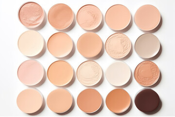 Make up face powder or blush, different skin tones. BB, CC cream foundation tonal smudges on white background. Texture of makeup powder. Decorative cosmetics samples set