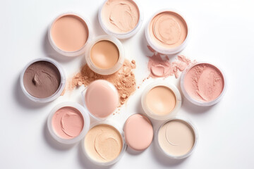 Make up face powder or blush, different skin tones. BB, CC cream foundation tonal smudges on white background. Texture of makeup powder. Decorative cosmetics samples set