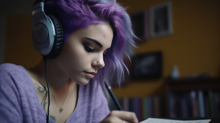 Fototapeta premium Beautiful happy woman in her room with lavender hair, generative ai