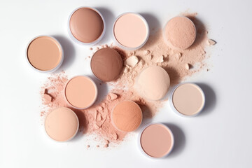 Make up face powder or blush, different skin tones. BB, CC cream foundation tonal smudges on white background. Texture of makeup powder. Decorative cosmetics samples set