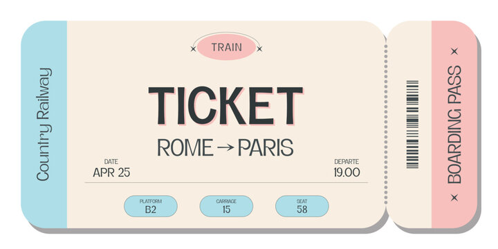 Minimal style ticket template in pastel colors. For transportation, cinemas, concerts, club parties and other high-end style parties. Just add your text.