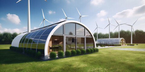 modern house with an arched roof next to windmills, generativ ai