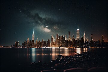 Fototapeta premium Skyline of New York city at night, generative AI .