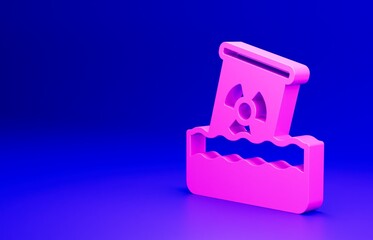 Pink Radioactive waste in barrel icon isolated on blue background. Toxic waste contamination on water. Environmental pollution. Minimalism concept. 3D render illustration