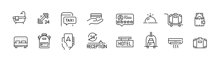 Hotel accommodation travel and vacation hospitality industry icons. Reception, porter, gym and other facilities.