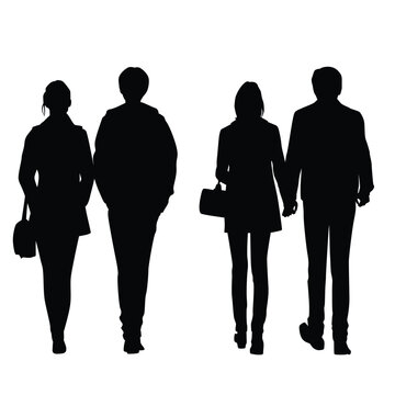 Vector silhouettes of  men and a women, a group of  walking business people, couple, black color isolated on white background