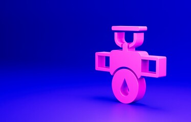 Pink Industry metallic pipe and valve icon isolated on blue background. Minimalism concept. 3D render illustration