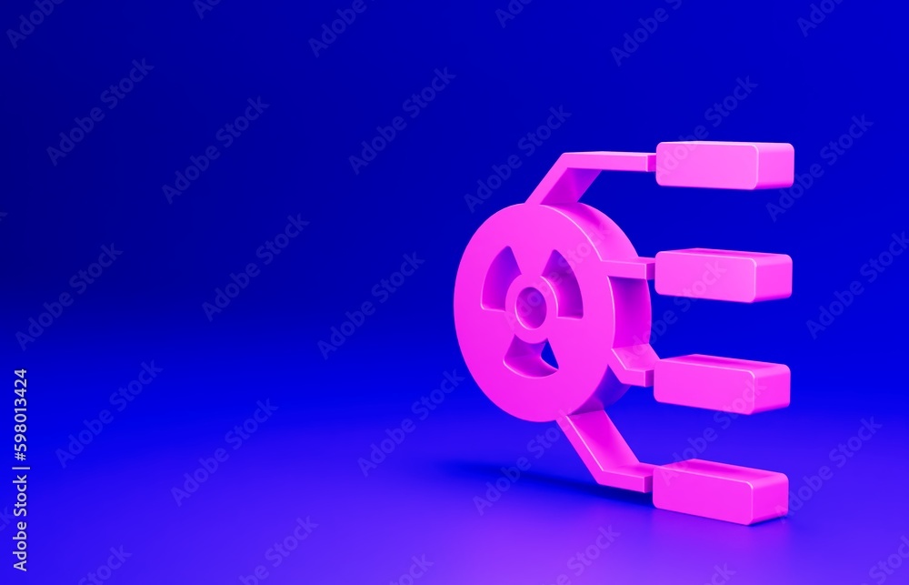 Sticker Pink Radioactive icon isolated on blue background. Radioactive toxic symbol. Radiation hazard sign. Minimalism concept. 3D render illustration