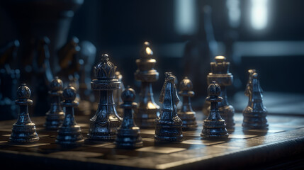 chess pieces on a chessboard, chess pieces and king on chess board, generative ai