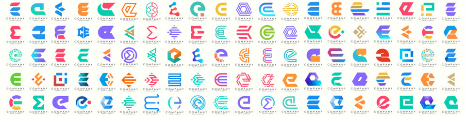 mega collection letters E logo design inspiration. minimalist abstract letter logos with colorful