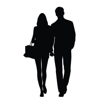 Vector silhouettes of  man and a woman, a couple of walking business people, profile, black color isolated on white background