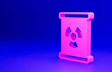 Pink Radioactive waste in barrel icon isolated on blue background. Toxic refuse keg. Radioactive garbage emissions, environmental pollution. Minimalism concept. 3D render illustration