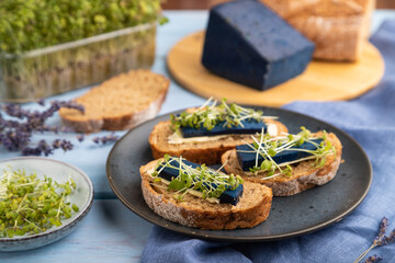 Bread sandwiches with blue lavender cheese and mustard microgreen on blue, side view, selective focus.