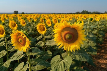 Fototapeta premium A breathtaking image of a sunflower field with tall stalks and bright yellow blooms against a clear blue sky, representing the beauty and power of nature. Ai generated.